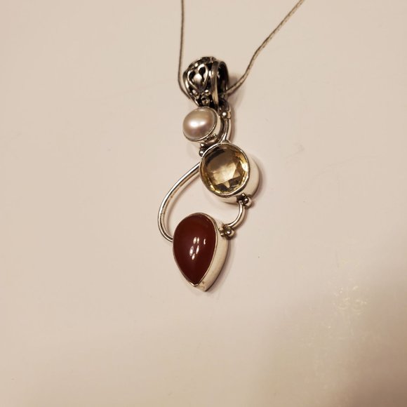 CARNELIAN, CITRINE AND PEARL STERLING SILVER PENDANT - Picture 6 of 8